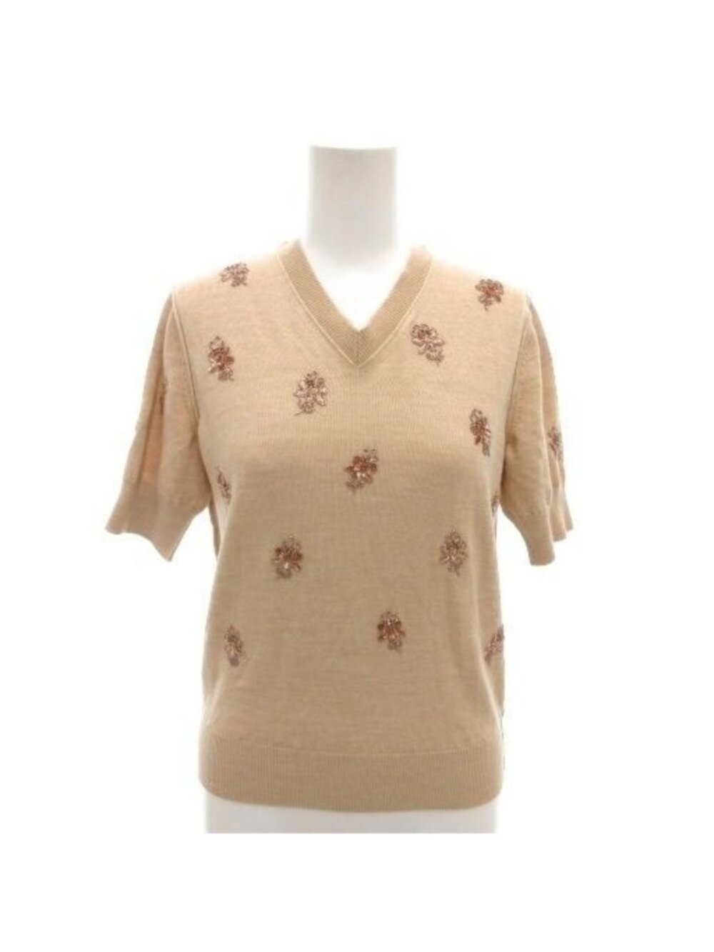Fendi Knit Sweater Back Ribbon Short Sleeve Beige Floral Bead Embroidery